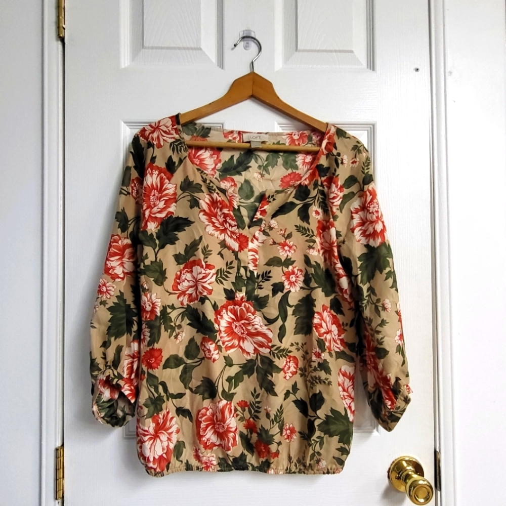 Satin floral puff sleeve blouse